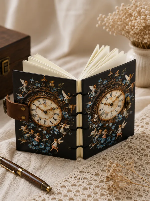 Handcrafted_Vintage_Roman_Clock_&_Fairy_Garden_Printed_Hardbound_Journal_For_Writing_&_Sketching_-_Vintage_Brass_Finish_Lock,_200_Unruled_Pages,_Portable_7X5_Inch_Hand-Stitched_Diary