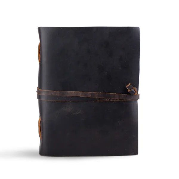 Handmade_Vintage_Midnight_Black_100%_Genuine_Buffalo_Leather_Journal_With_Antique_Deckle_Edge_Paper_For_Writing_&_Sketching_-_Cross-Laced_Spine_Details_With_Wrap-Around_Tie_Strap,_200_Unruled_Pages,_Portable_7X5_Inch_Diary_For_Men_&_Women