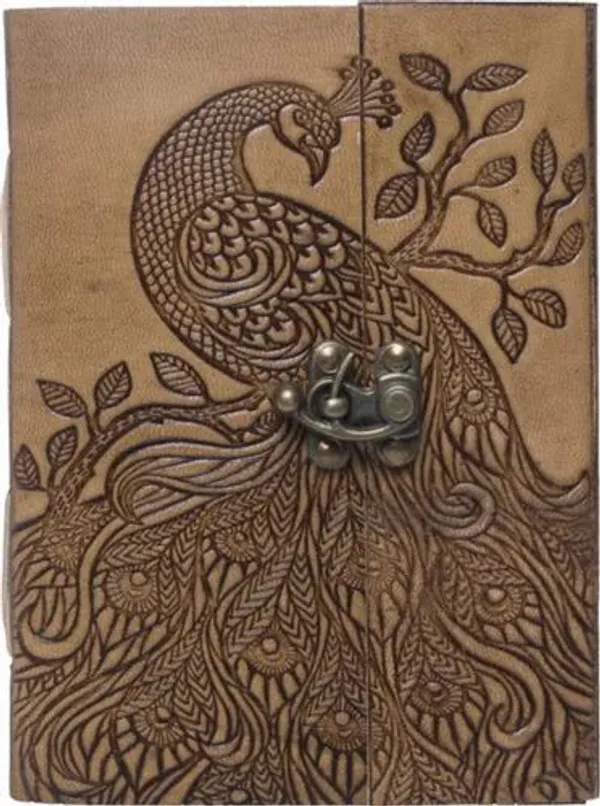 Handmade_Embossed_Peacock_Tan_Brown_100%_Genuine_Buffalo_Leather_Journal_For_Writing_&_Sketching_-_Vintage_Brass_Finish_Lock,_200_Unruled_Pages,