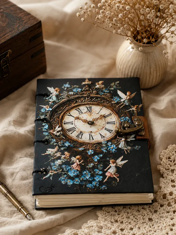 Handcrafted_Vintage_Roman_Clock_&_Fairy_Garden_Printed_Hardbound_Journal_For_Writing_&_Sketching_-_Vintage_Brass_Finish_Lock,_200_Unruled_Pages,_Portable_7X5_Inch_Hand-Stitched_Diary