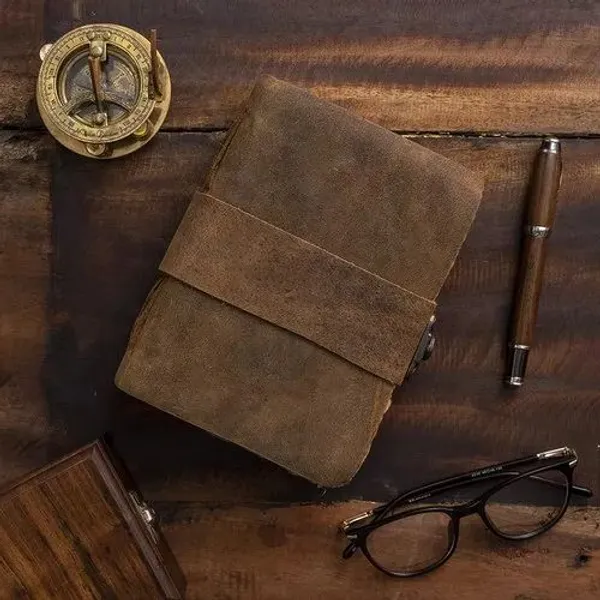 Handmade_Vintage_Rustic_Brown_100%_Genuine_Buffalo_Leather_Journal_With_Antique_Burnt_Deckle_Edge_Paper_For_Writing_&_Sketching_-_Riveted_Leather_Strap_With_Vintage_Brass_Finish_Lock,_200_Unruled_Pages,_Portable_8X6_Inch_Hand-Stitched_Diary_For_Men_&_Women