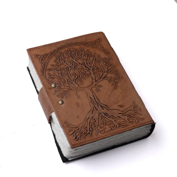 Handmade_Embossed_Seven_Chakra_Tree_Of_Life_Antique_Tan_100%_Genuine_Buffalo_Leather_Journal_For_Writing_&_Sketching_-_Inlaid_7_Healing_Stones,_Vintage_Brass_Finish_Lock,_200_Unruled_Pages,_Portable_7X5_Inch_Hand-Stitched_Diary_For_Men_&_Women