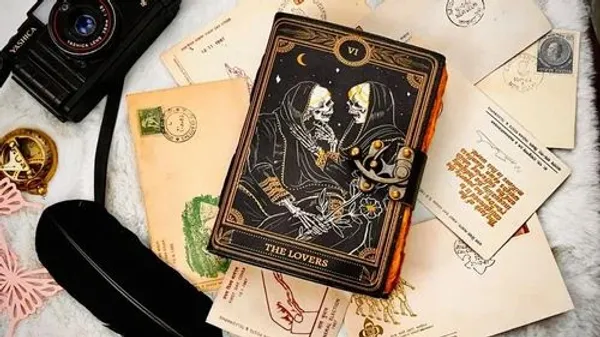 Handmade_High-Definition_UV_Printed_Gothic_Tarot_Lovers_Leather_Journal_With_Antique_Burnt_Deckle_Edge_Paper_For_Writing_&_Sketching_-_Vintage_Brass_Finish_Lock,_200_Unruled_Pages,_Portable_7X5_Inch_Hand-Stitched_Diary