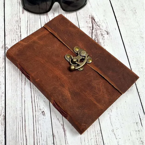 Handmade_Vintage_Rustic_Brown_100%_Genuine_Buffalo_Leather_Journal_For_Writing_&_Sketching_-_Antique_Brass_Finish_Lock,_200_Unruled_Pages,_Portable_7X5_Inch_Hand-Stitched_Diary