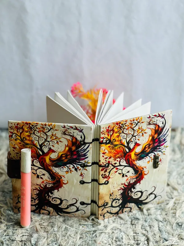 Handcrafted_Mystic_Phoenix_Tree_Of_Life_Printed_Hardbound_Journal_For_Writing_&_Sketching_-_Vintage_Brass_Finish_Lock,_200_Unruled_Pages,_Portable_7X5_Inch_Hand-Stitched_Diary
