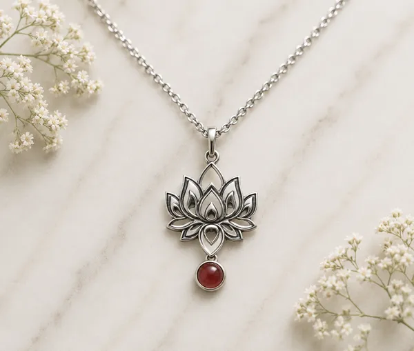 Silver_Lotus_Red_Drop_Accent_Pendant_Chain_Necklace_For_Women