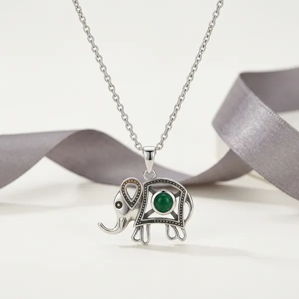 Silver_Elephant_Green_Stone_Pendant_Chain_Necklace_For_Women