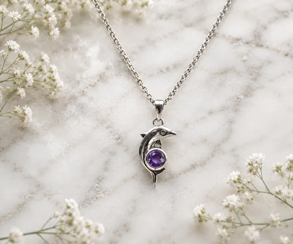 Silver_Metal_Dolphin_Purple_Accent_Pendant_Necklace_For_Women