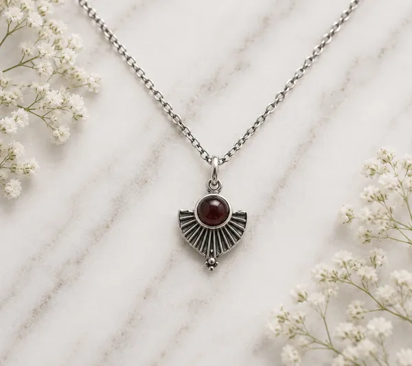 Silver_Red_Stone_Fan_Pendant_Chain_Necklace_For_Women