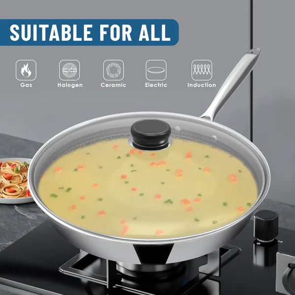 Hy-Tech_Triply_Stainless_Steel_Frying_Pan_with_Glass_Lid_|_Honeycomb_Pattern_Fry_Pan_|_Omelets_Pan_|_Gas_&_Induction_Compatible_|_Riveted_Handle_|_Food_Safe_&_PFOA_Free_|_Scratch_Resistant