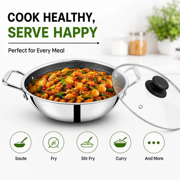 Hy-Tech_Triply_Stainless_Steel_Kadai_With_Glass_Lid_|_Hneycomb_Kadai_|_Non-Stick_|_Induction_&_Gas_Stove_Compatible_|_Even_Heating_|_Toxin_Freen