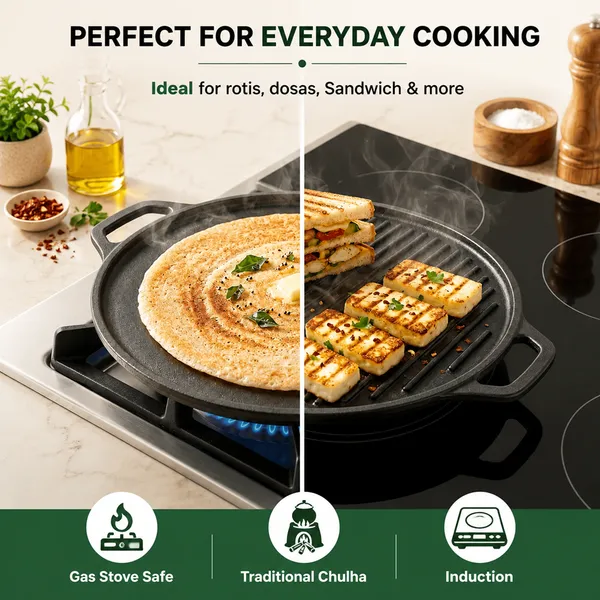 Cast_Iron_2-in-1_Dosa_Tawa_&_Grill_With_Silicon_Handle_Cover_|_Double-Sided_Tawa/Pan_for_Roti,_Dosa,_Chapati,_Fish_&_Steak_|_Naturally_Nonstick,_Gas_&_Induction_Cookware_|_Reversible_Cooking