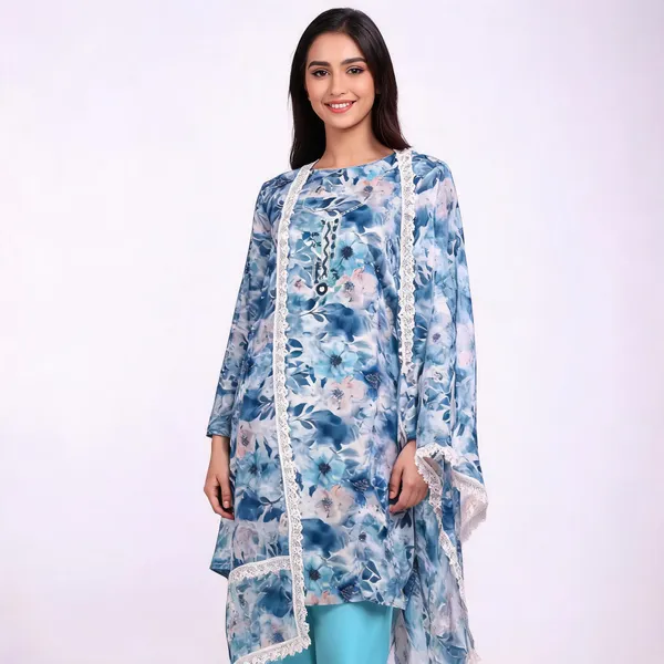 Blue_White_Chanderi_Floral_Print_Unstitched_Suit_Set_For_Women