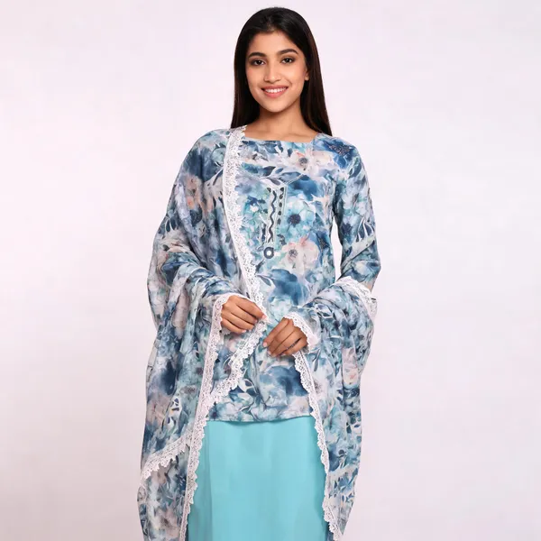 Blue_White_Chanderi_Floral_Print_Unstitched_Suit_Set_For_Women