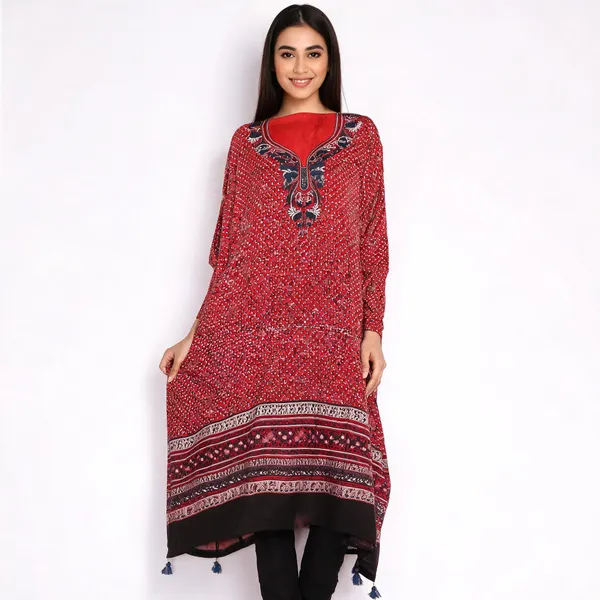 Red_Silk_Printed_Unstitched_Kaftan_For_Women