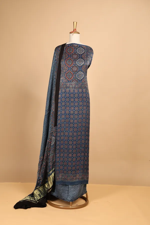 Blue_Silk_Printed_Unstitched_Suit_Set_For_Women
