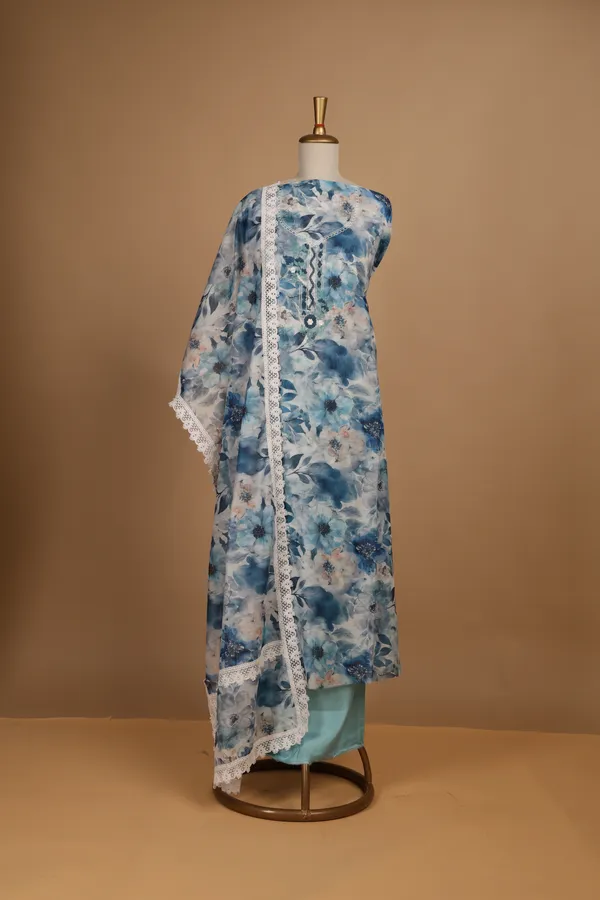Blue_White_Chanderi_Floral_Print_Unstitched_Suit_Set_For_Women