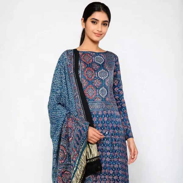Blue_Silk_Printed_Unstitched_Suit_Set_For_Women