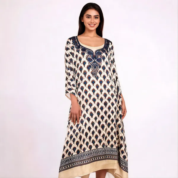 Cream_Silk_Printed_Unstitched_Kaftan_For_Women