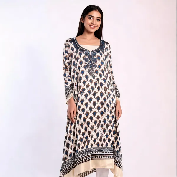 Cream_Silk_Printed_Unstitched_Kaftan_For_Women