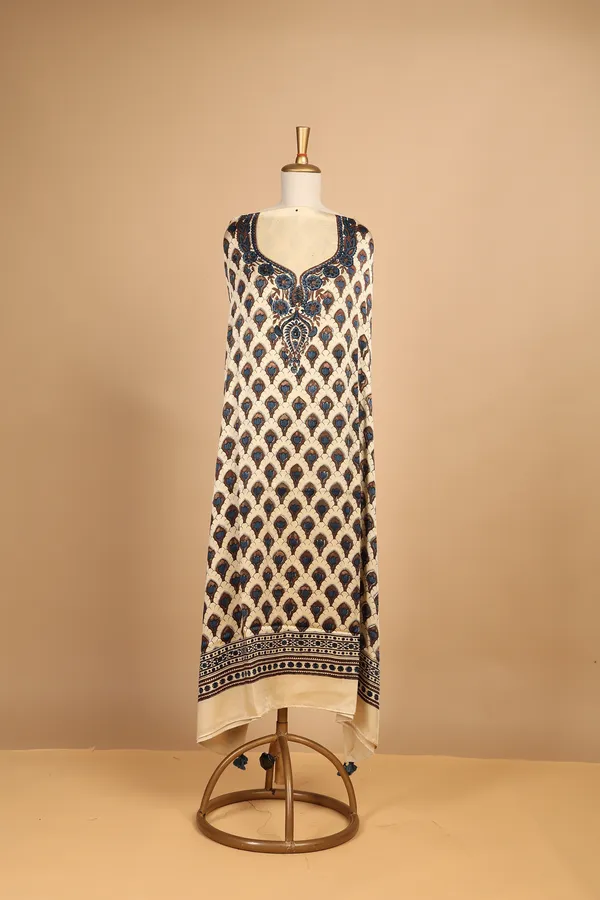 Cream_Silk_Printed_Unstitched_Kaftan_For_Women