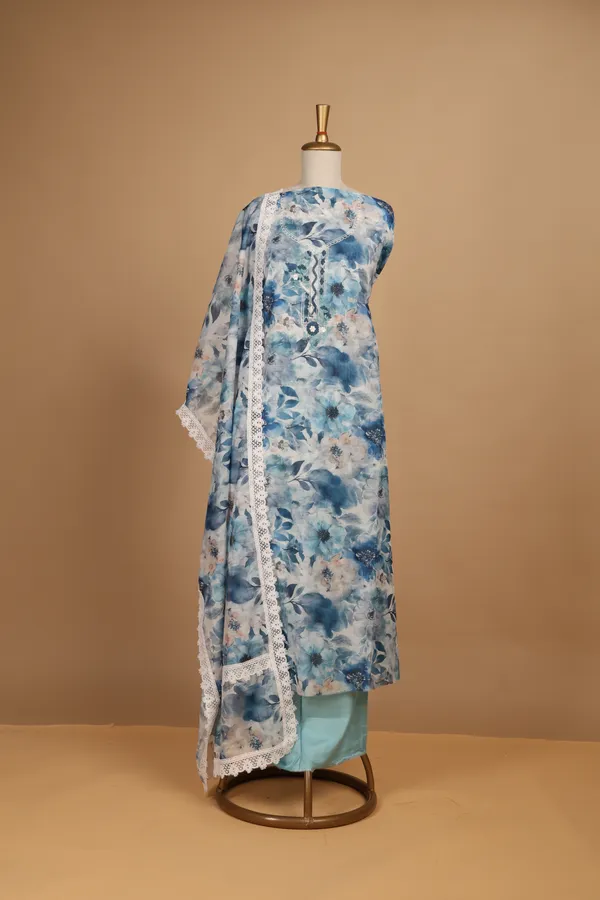 Blue_White_Chanderi_Floral_Print_Unstitched_Suit_Set_For_Women