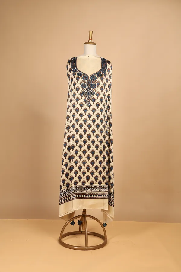 Cream_Silk_Printed_Unstitched_Kaftan_For_Women