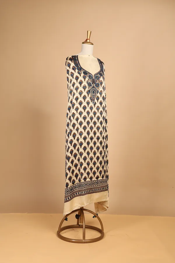 Cream_Silk_Printed_Unstitched_Kaftan_For_Women