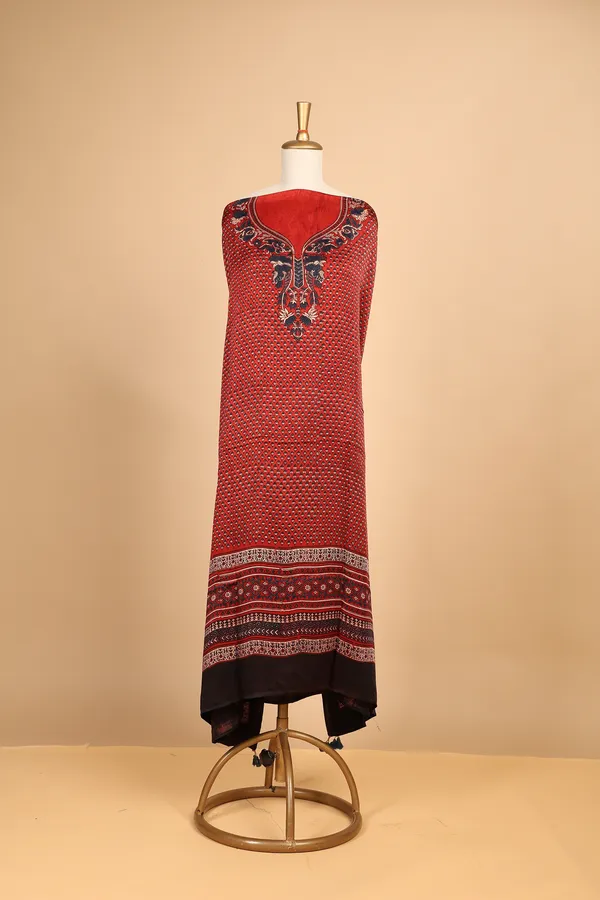 Red_Silk_Printed_Unstitched_Kaftan_For_Women