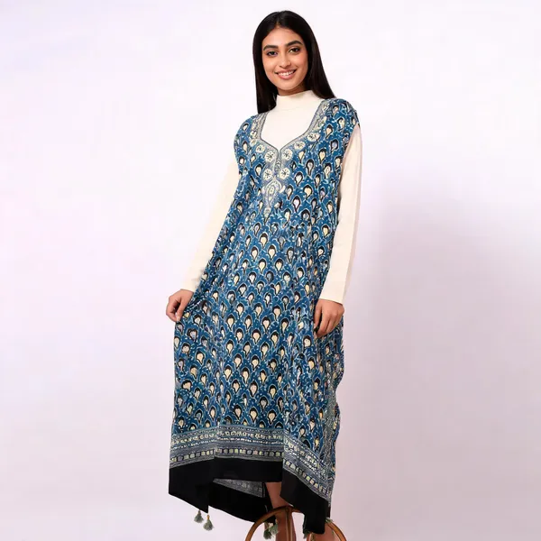 Blue_Silk_Printed_Unstitched_Kaftan_For_Women
