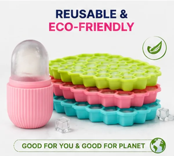 3_Pack_Silicone_Ice_Cube_Trays_+_1_Facial_Ice_Roller_|_Flexible_Reusable_Ice_Maker_&_Cooling_Skincare_Combo