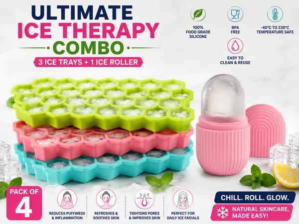 3_Pack_Silicone_Ice_Cube_Trays_+_1_Facial_Ice_Roller_|_Flexible_Reusable_Ice_Maker_&_Cooling_Skincare_Combo