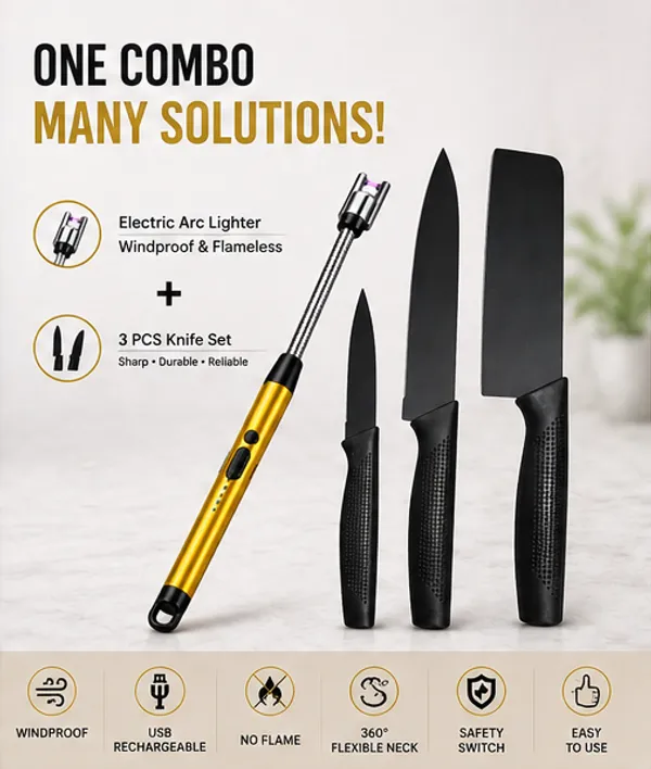 Electric_Arc_Lighter_&_3_Pcs_Black_Knife_Set_Combo_|_Windproof_Flameless_USB_Rechargeable_Lighter_with_Kitchen_Knives