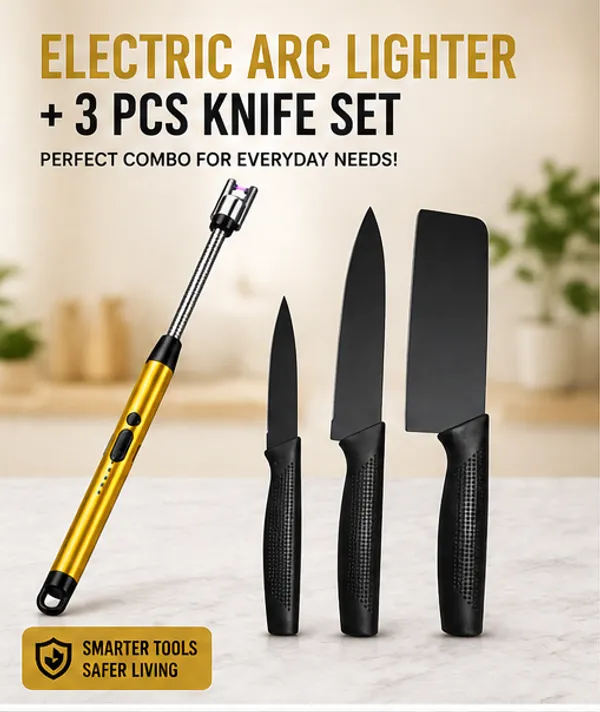 Electric_Arc_Lighter_&_3_Pcs_Black_Knife_Set_Combo_|_Windproof_Flameless_USB_Rechargeable_Lighter_with_Kitchen_Knives