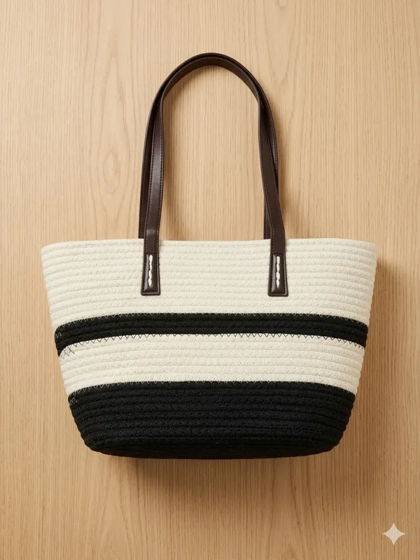 Black_And_White_Woven_Tote_Bag_With_Brown_Handles