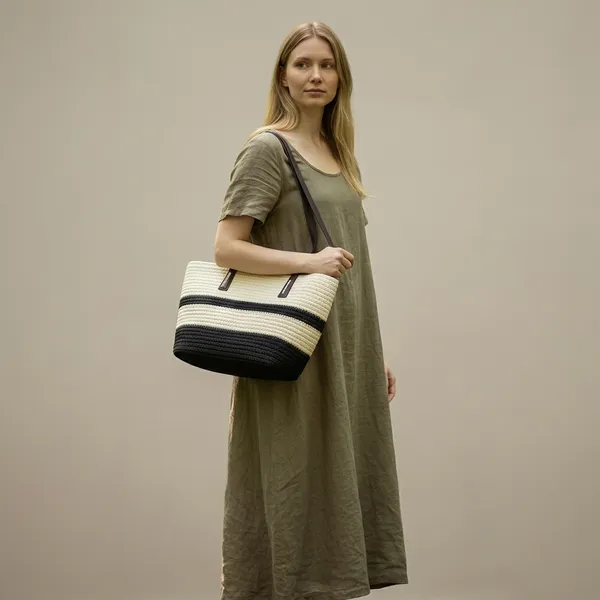 Black_And_White_Woven_Tote_Bag_With_Brown_Handles