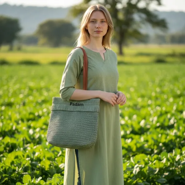 Padam_Green_Woven_Tote_Bag_With_Brown_Handles