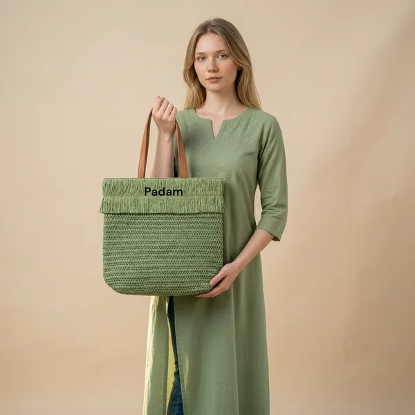 Padam_Green_Woven_Tote_Bag_With_Brown_Handles