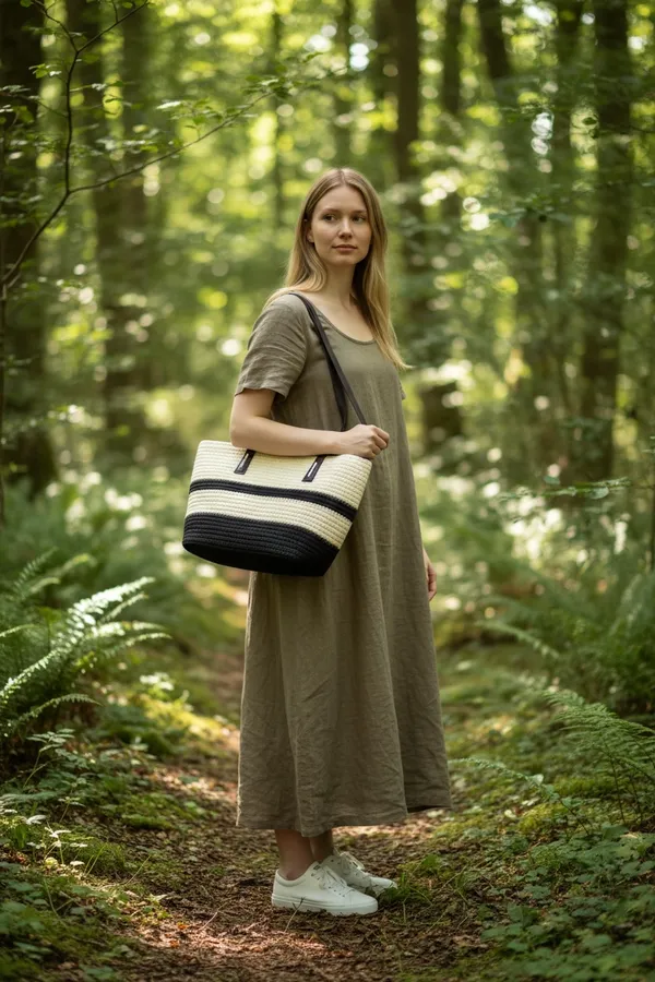 Black_And_White_Woven_Tote_Bag_With_Brown_Handles