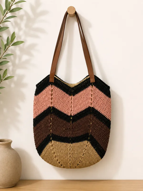 Multicolour_Crochet_Tote_Bag_With_Brown_Straps