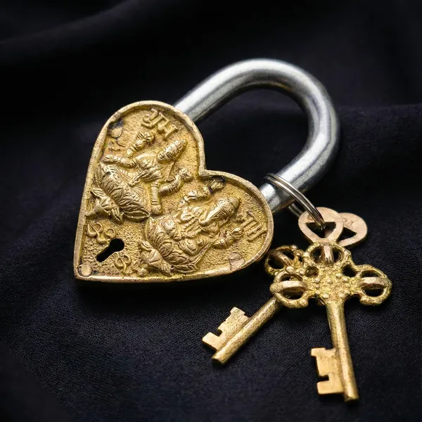 Brass_Ganesh_And_Lakshmi_Heart_Padlock_With_Keys