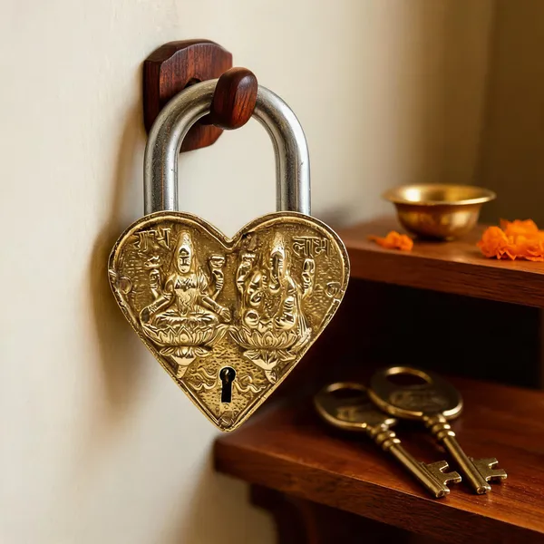 Brass_Ganesh_And_Lakshmi_Heart_Padlock_With_Keys
