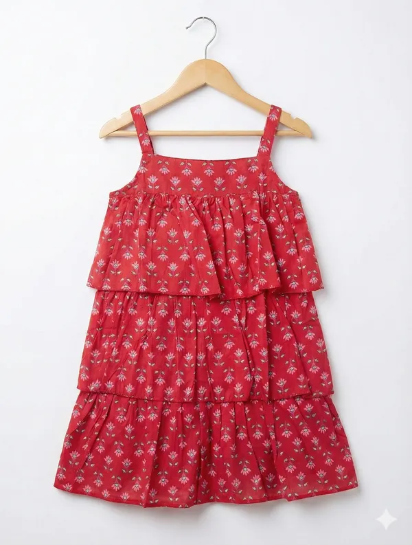 Red_Cotton_Floral_Print_Tiered_Dress_For_Girls
