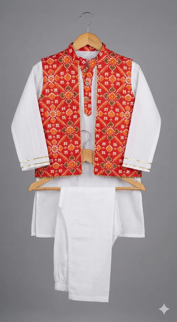 White_&_Red_Cotton_Straight_Fit_Printed_Kurta_Set_For_Boys