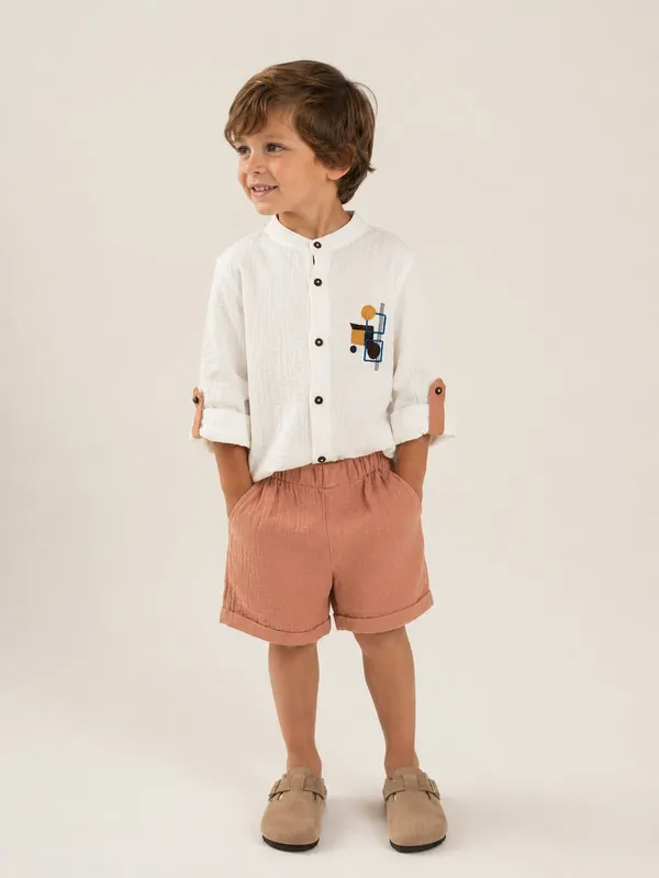 White_&_Rust_Cotton_Mandarin_Collar_Shirt_&_Shorts_Set_For_Boys
