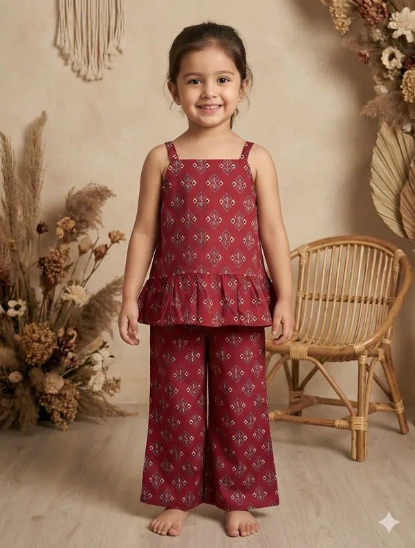 Maroon_Cotton_Printed_Sleeveless_Co-Ord_Set_For_Girls