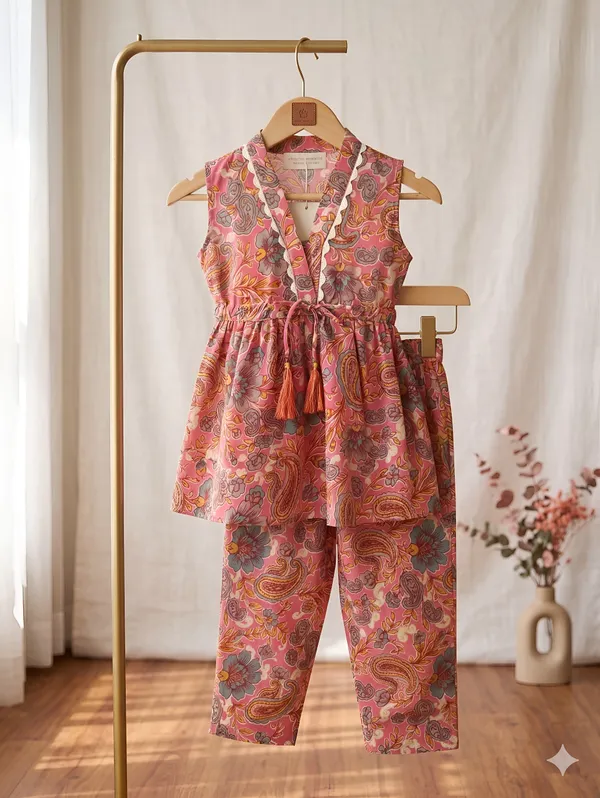 Pink_Cotton_Paisley_Print_Sleeveless_Co-Ord_Set_For_Girls