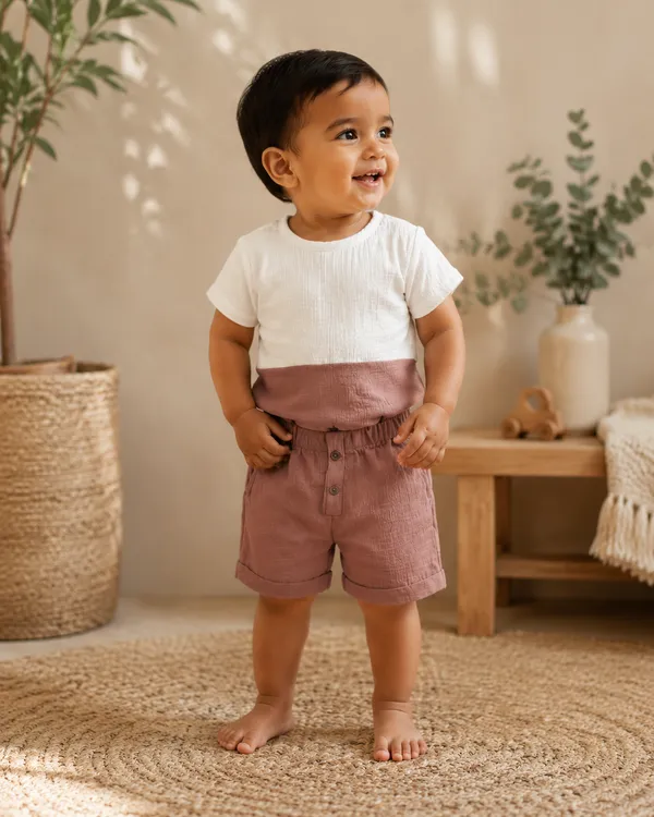 White_&_Mauve_Cotton_Relaxed_Fit_Top_&_Shorts_Set_For_Toddlers