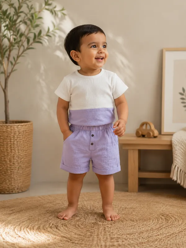White_&_Lilac_Cotton_Relaxed_Fit_Top_&_Shorts_Set_For_Boys