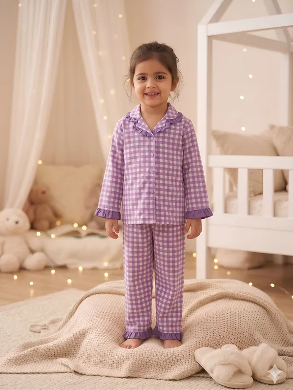 Purple_Cotton_Checkered_Button_Front_Night_Suit_For_Girls
